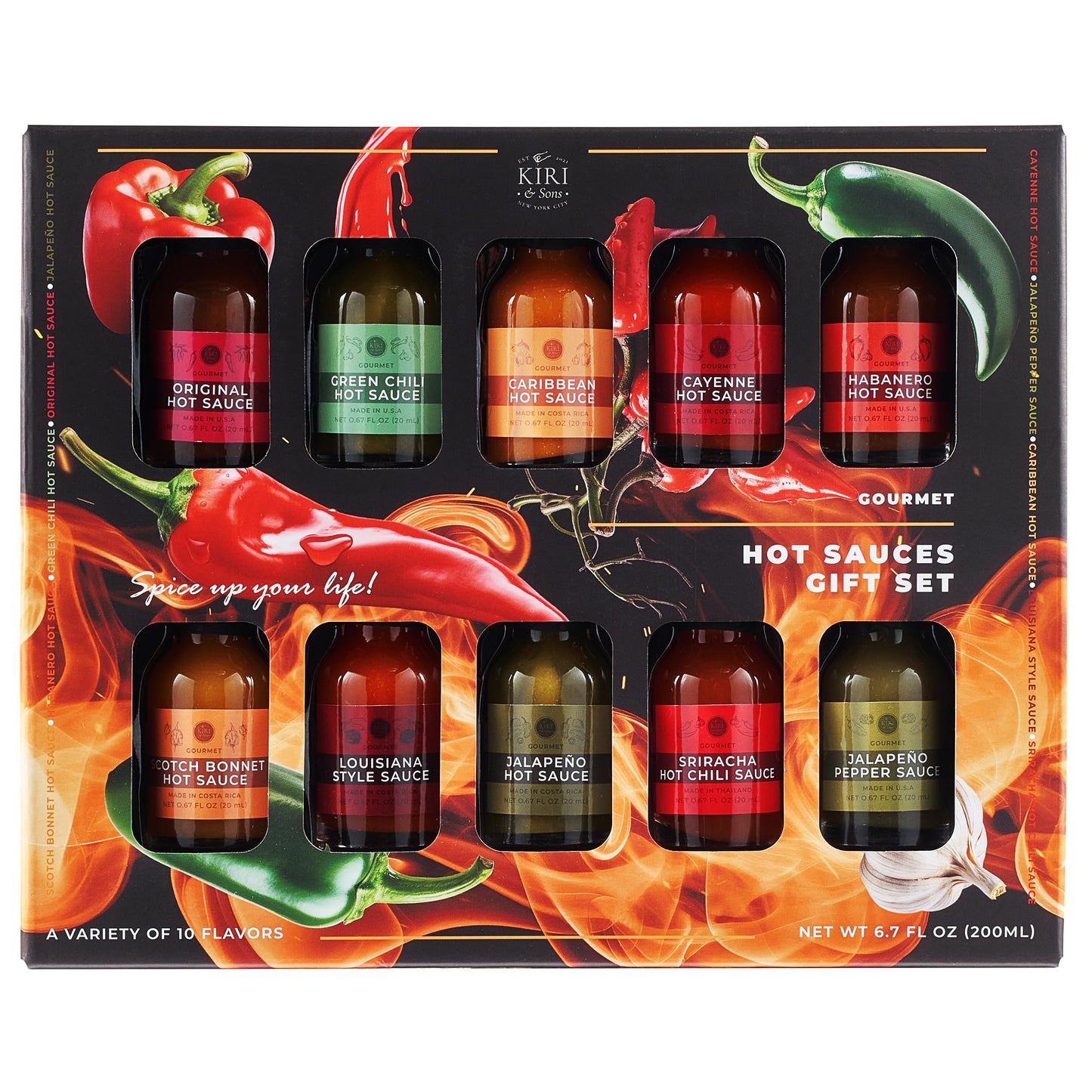 Kiri & Sons Gourmet Hot Sauce Sampler Gift Set of 10 for Fathers Day, Flavors Include Habanero, Scotch Bonnet, Jalapeno, Srirach