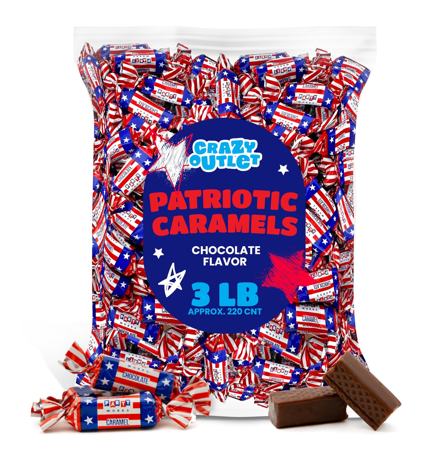 Patriotic Candy - 3 Pound Bulk Pack (About 220 Count) - Chocolate Flavored Caramels - Usa Flag Colors Taffies - Independence Day Chews