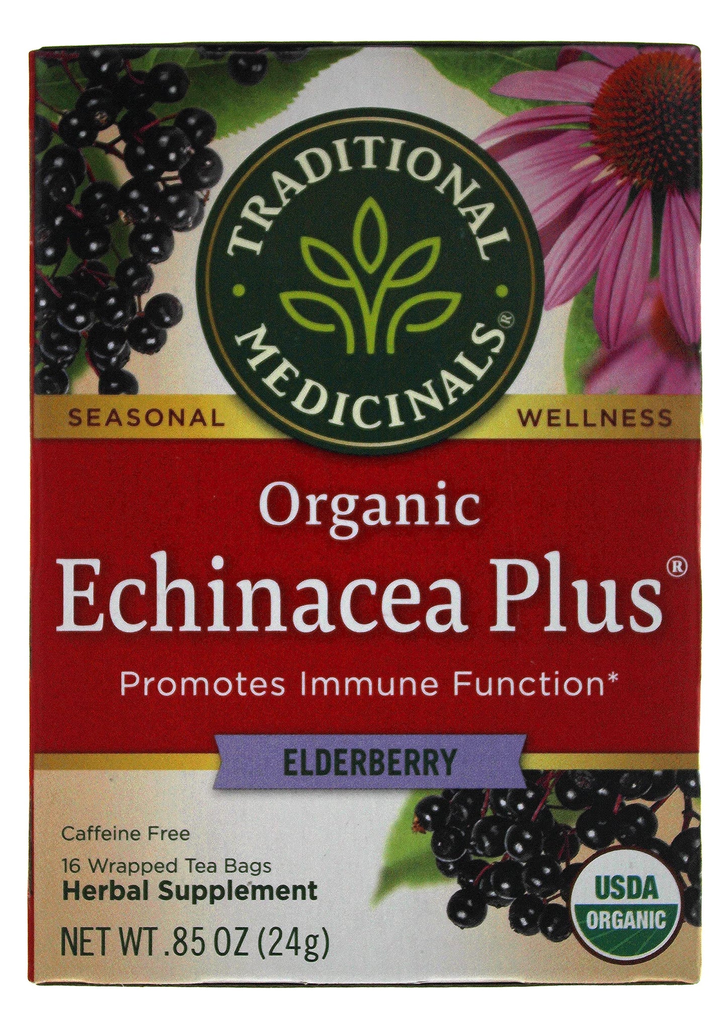Traditional Medicinals Organic Echinacea Plus Elderberry Herbal Tea, Promotes Immune Function, (Pack Of 3) - 48 Tea Bags Total