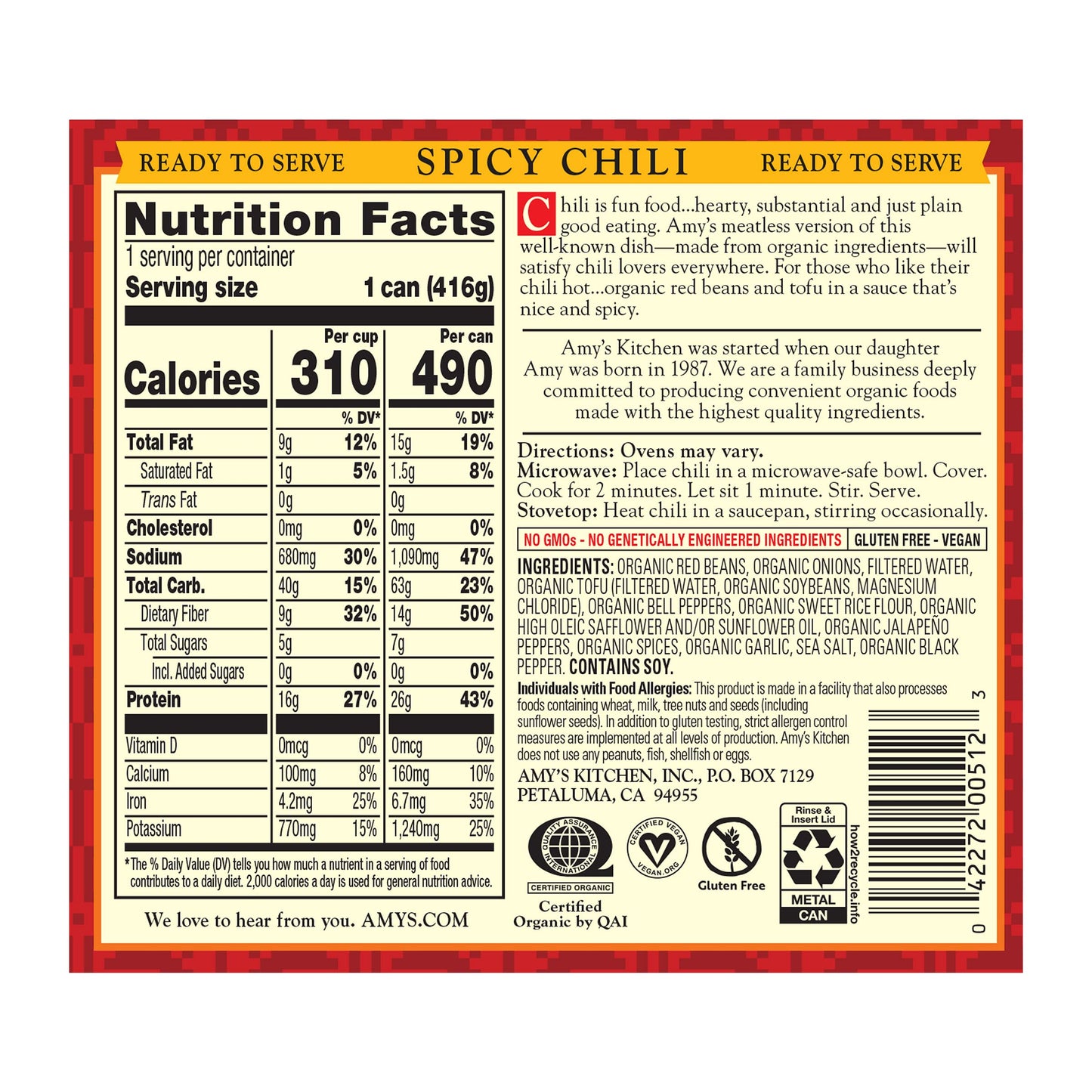 Amy's Organic Chili, Vegan Spicy Chili, Gluten Free, Made With Red Beans and Tofu, 14.7 Oz (12 Pack)