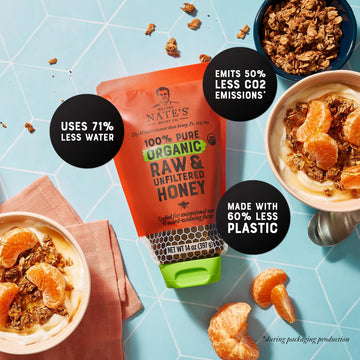 Nature Nate'S 100% Pure Usda Organic Raw & Unfiltered Honey, Two 14 Oz. No-Drip Sustainable Squeeze Pouches; Purity Guarantee, N