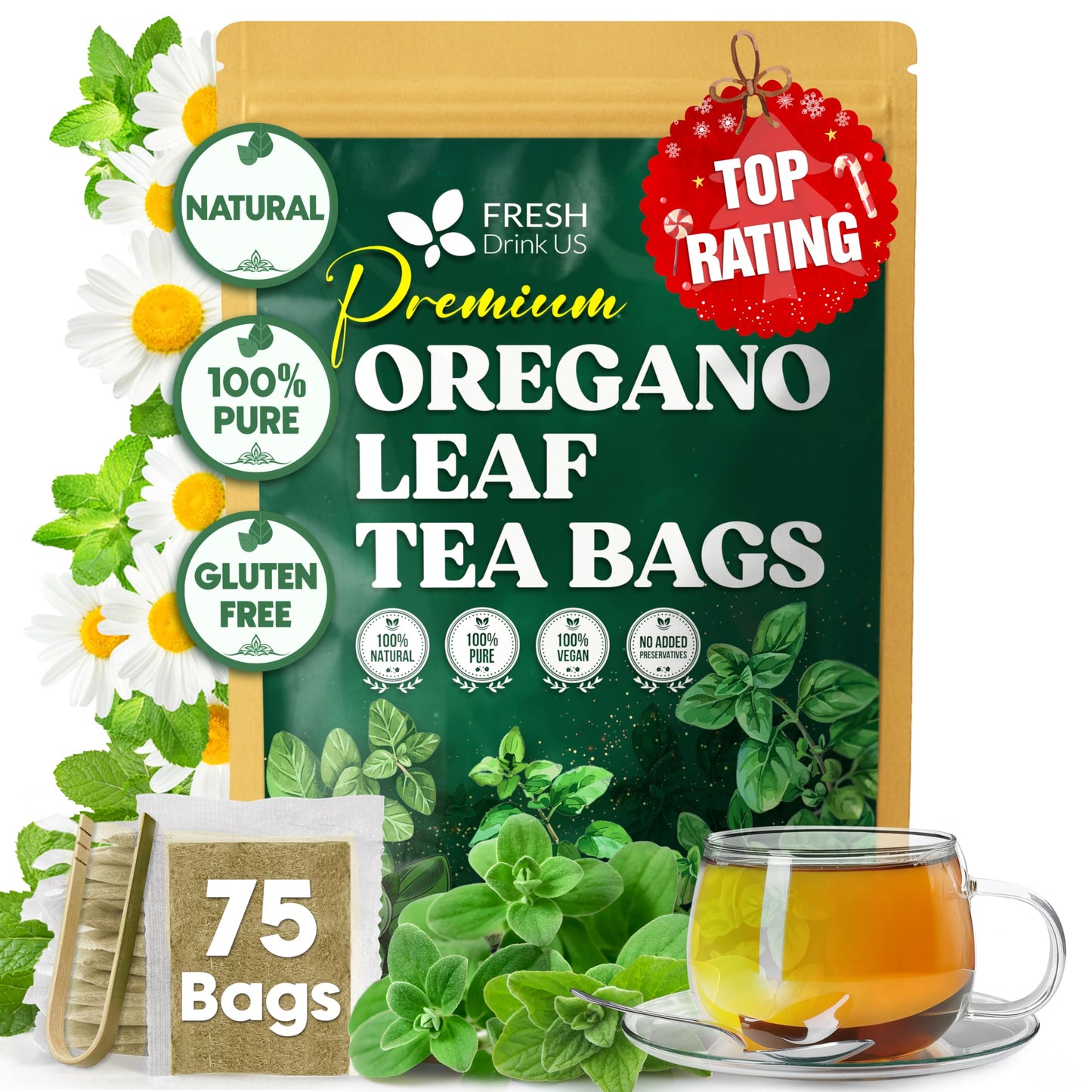 Freshdrinkus Oregano Leaf Tea | 75 Tea Bags - Pure Herbal Infusion From Origanum Vulgare - Naturally Bold & Aromatic Flavor - Top-Grade Quality Sustainably Sourced. Vegan