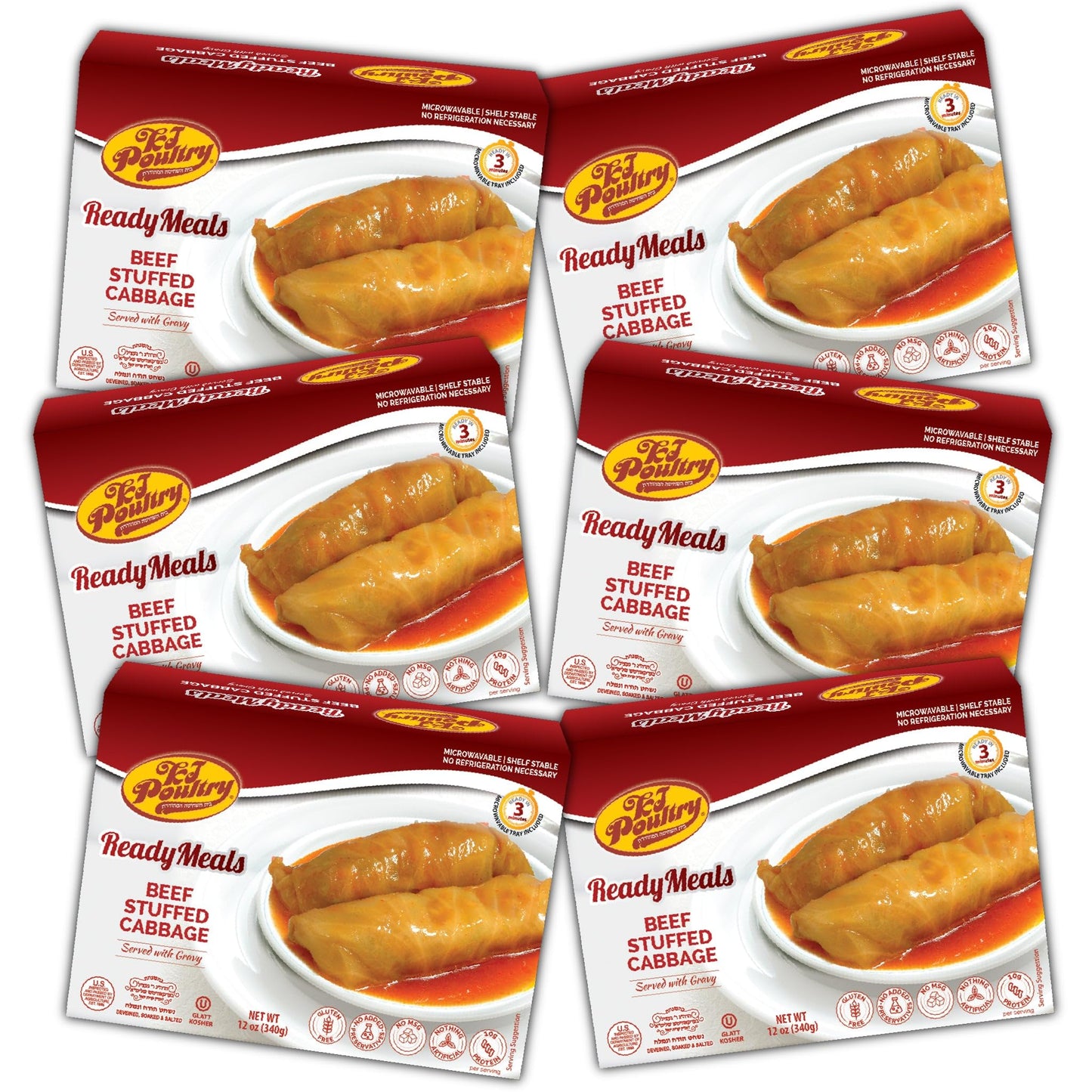 KJ Poultry Kosher Ready Meals - Beef Stuffed Cabbage Rolls, MRE Meat Meals Ready to Eat, Gluten Free (6 Pack) Prepared Entree Fu