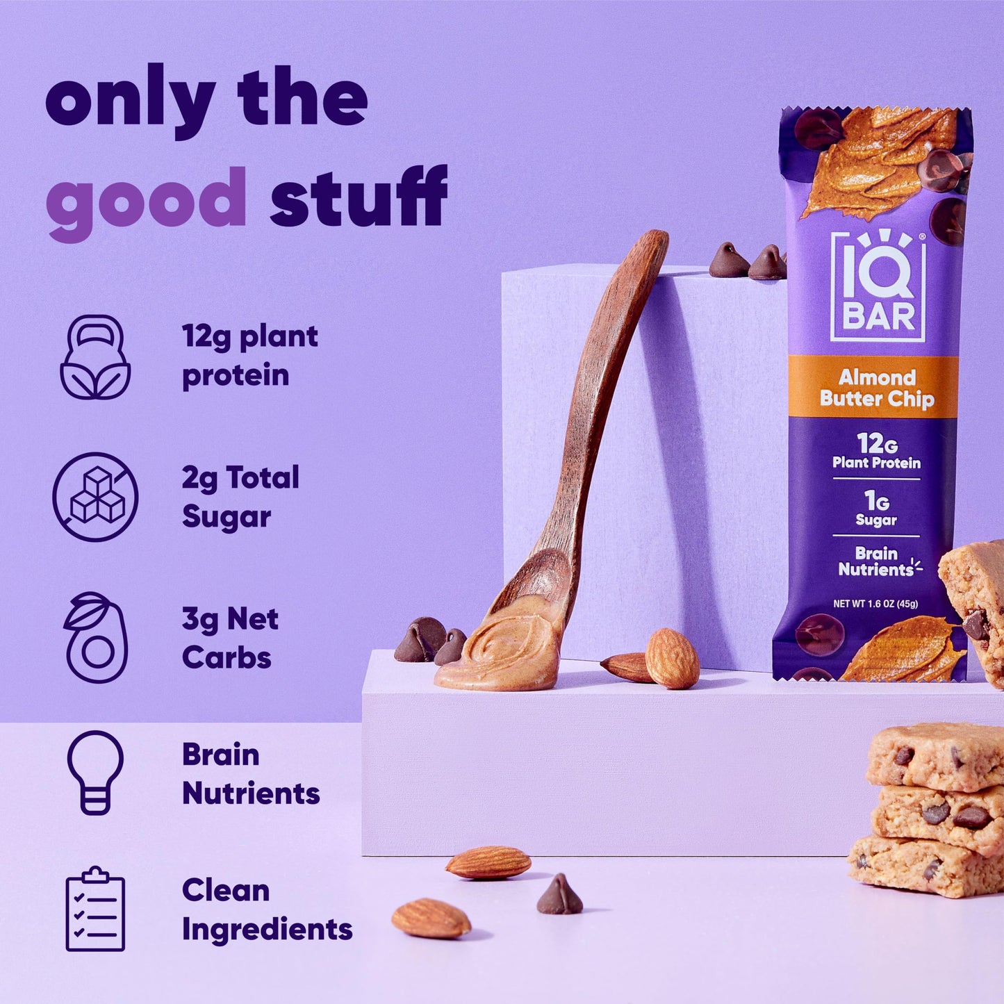 IQBAR Plant Protein Bars - Almond Butter Chip - 36 Count - Low Carb, Gluten Free, High Fiber, Vegan Snacks