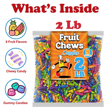Fruit Chews Mix Bulk 2 Lbs Individually Wrapped Candy 8 Assorted Fruity Flavors Soft and Chewy Taffies Peanut and Gluten Free Colorful Candy for Parties Appx 135 Pcs