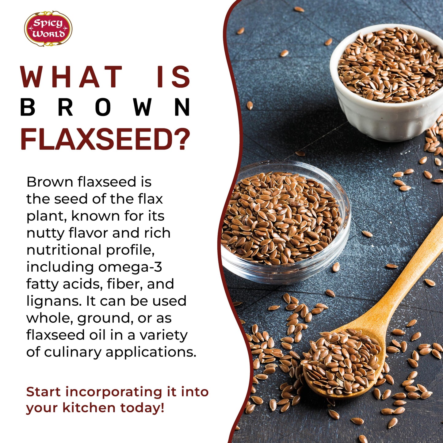 Spicy World Brown Flaxseed 2 LB Bag - Non-GMO, Whole, High in Fiber & Omega-3, Keto Friendly Baking, 32oz