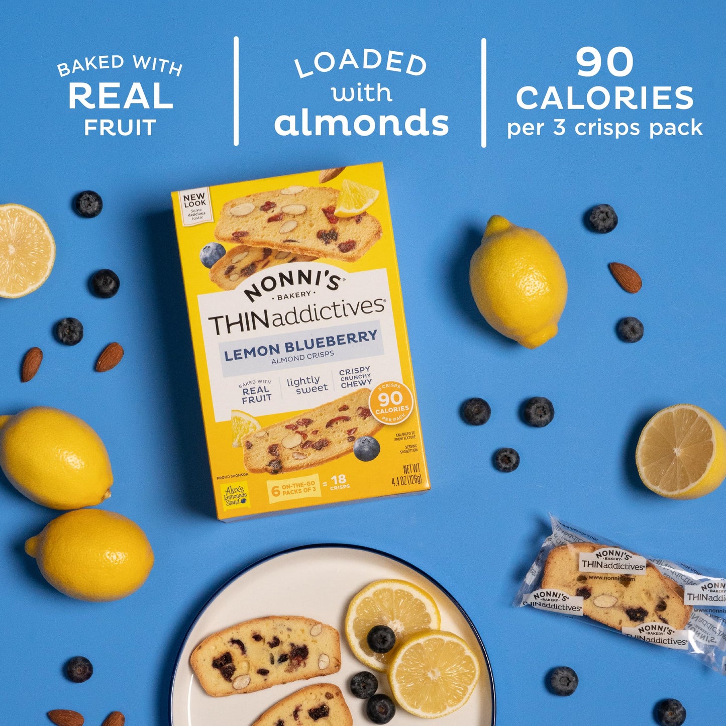 Nonni'S Thinaddictives Almond Thin Cookies - 3 Boxes Lemon Blueberry Cookie Thins - Almond Cookies - Sweet Crunchy & Chewy - Bis
