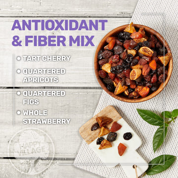 Happy Village Organic Dried Fruit Mix - Apricots, Figs, Strawberries & Tart Cherries, 20 Oz - Kosher, Non-Gmo, No Refined Sugar,