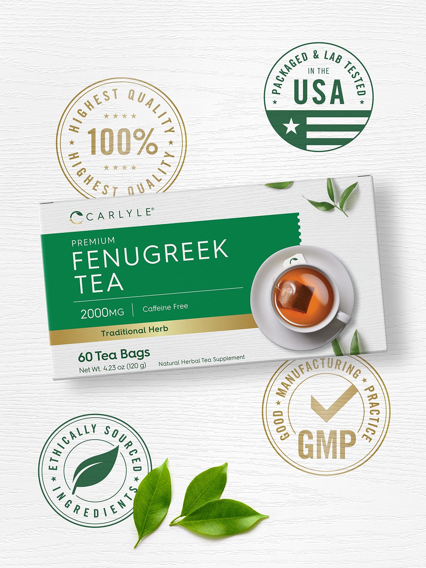 Carlyle Fenugreek Seed Tea - 60 Tea Bags, Caffeine-Free, Vegetarian, Non-GMO, Gluten-Free, Herbal dietary product, CL15042
