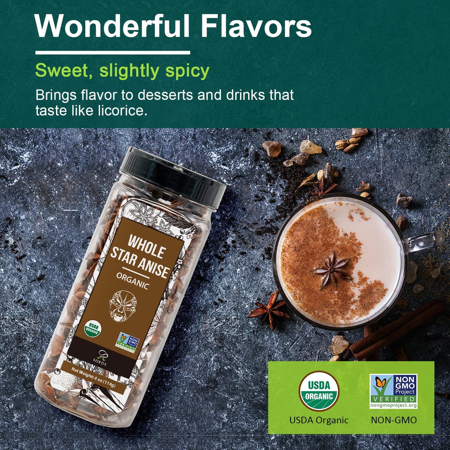 Soeos Organic Star Anise, Whole Star Anise 4 Oz (114G), Chinese Star Anise Pods, Star Anise Organic Whole, Non-Gmo Verified, Dried Star Anise For Beverages, Cooking, Baking