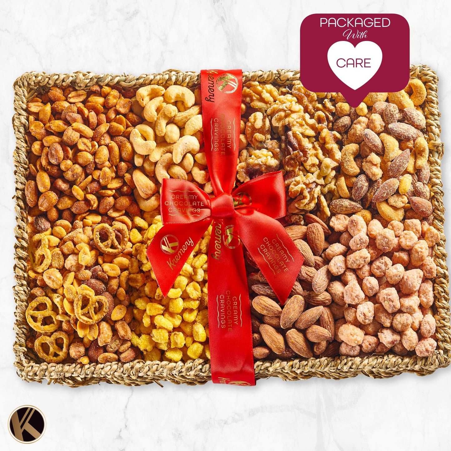 Nut Cravings Gourmet Nut Gift Basket - 2.5 lbs Seagrass Tray with Ribbon - 8 Assortments for Thanksgiving and Christmas