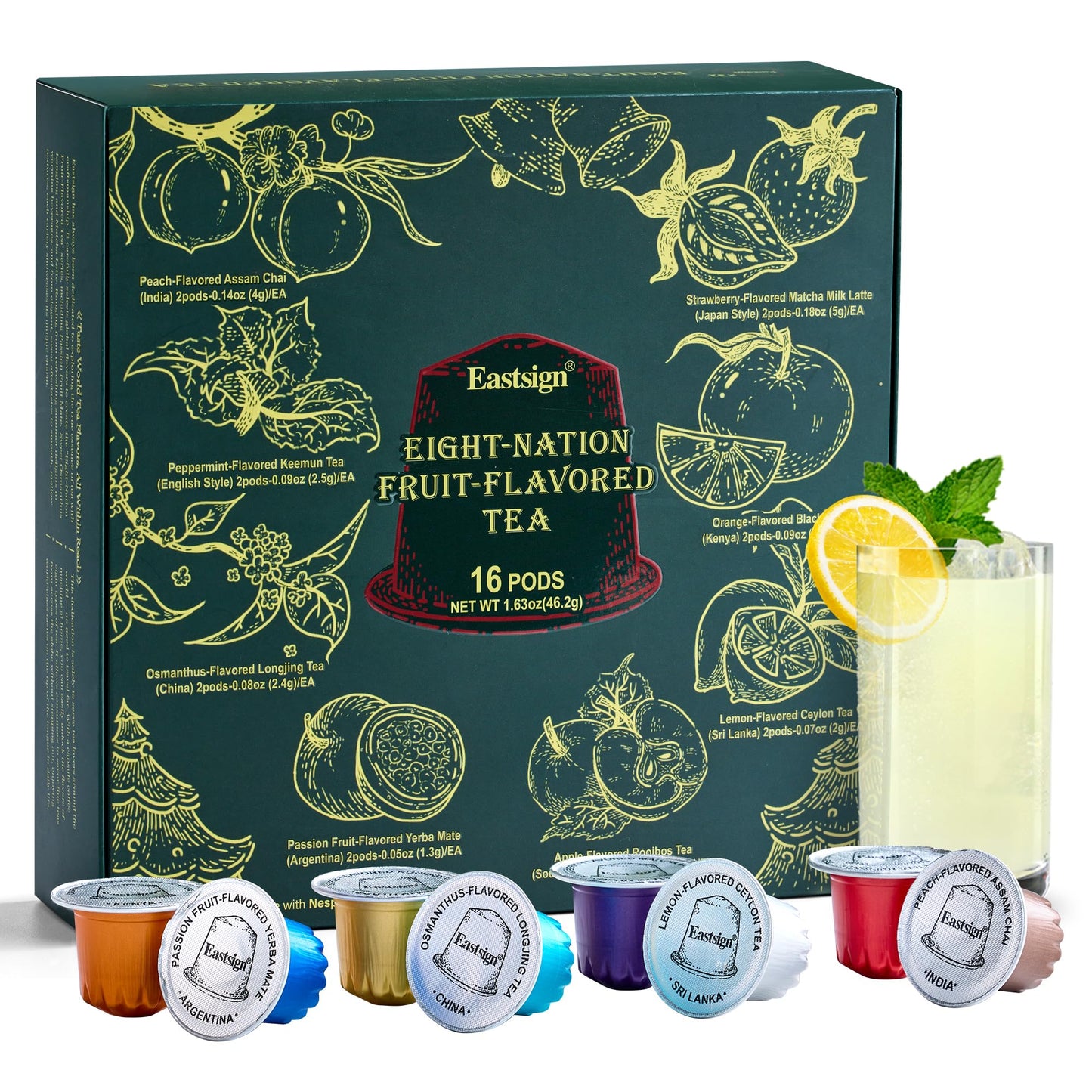 Eastsign Tea Variety Gift Set 16 Single Serve Units Of Black Tea Chai Matcha Green Tea Yerba Mate And Rooibos Compatible With Nespresso Oriflavor Blendalline 8-Flavor Sampler For Tea Lovers: Women Men Couples Family Friends Coworkers