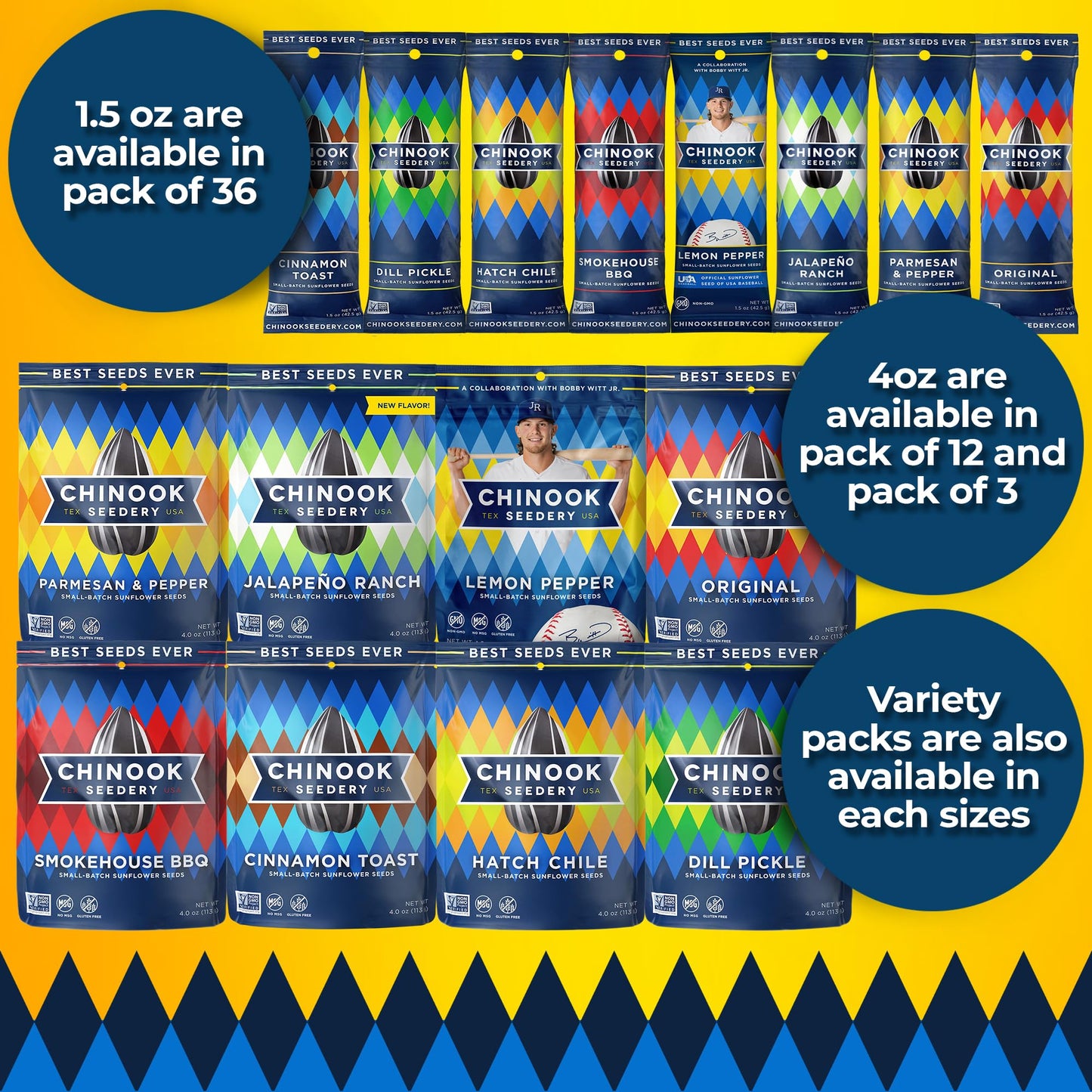 Chinook Seedery Roasted Jumbo Sunflower Seeds - Keto Snacks, Gluten-Free, Non-Gmo, 8 Flavor Variety Pack 4 Oz (12-Pack)