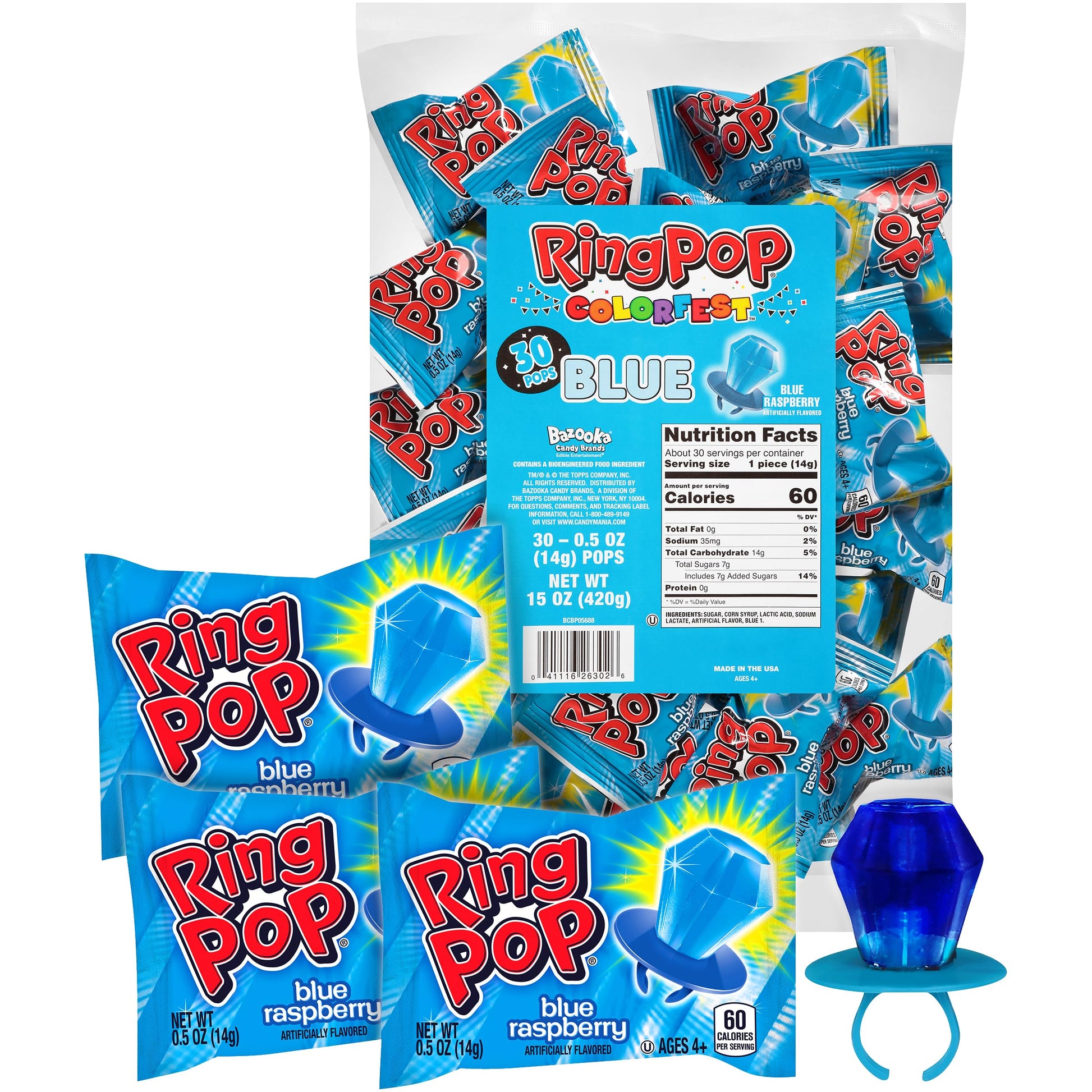 Ring Pop Individually Wrapped Blue Raspberry 30 Count Bulk Lollipop Pack – Blue Raspberry Flavored Lollipop Suckers For Kids - Fun Candy Bulk For Gender Reveal Parties, Bachelorettes, & Party Favors