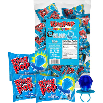 Ring Pop Individually Wrapped Blue Raspberry 30 Count Bulk Lollipop Pack – Blue Raspberry Flavored Lollipop Suckers For Kids - Fun Candy Bulk For Gender Reveal Parties, Bachelorettes, & Party Favors