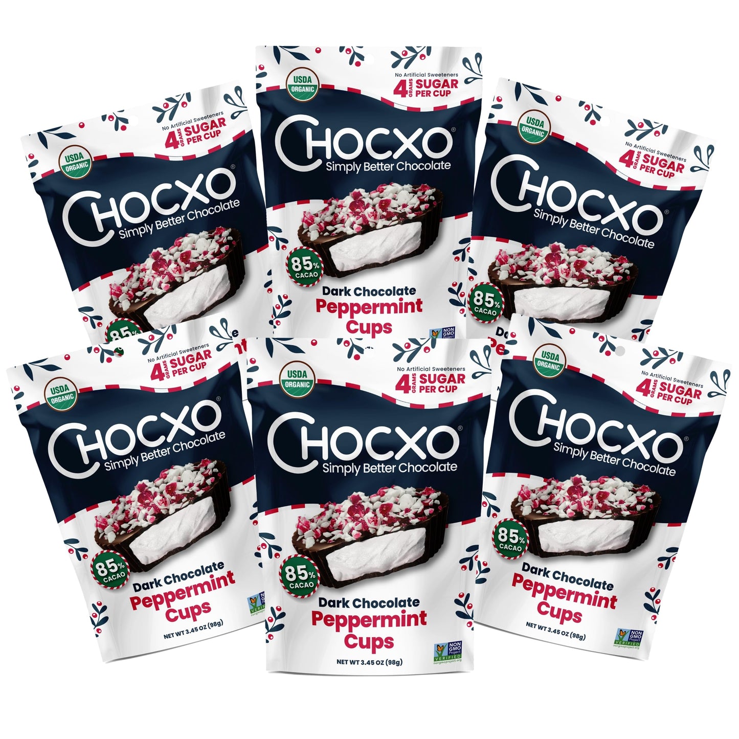 Chocxo Dark Chocolate Peppermint Cups - Lower Sugar Christmas Candy 85% Organic Cacao Nongmo Keto Gluten Free Kosher. No Artificial Sweeteners/Sugar Beverage-Styles 3.45 Oz (Pack Of 6)