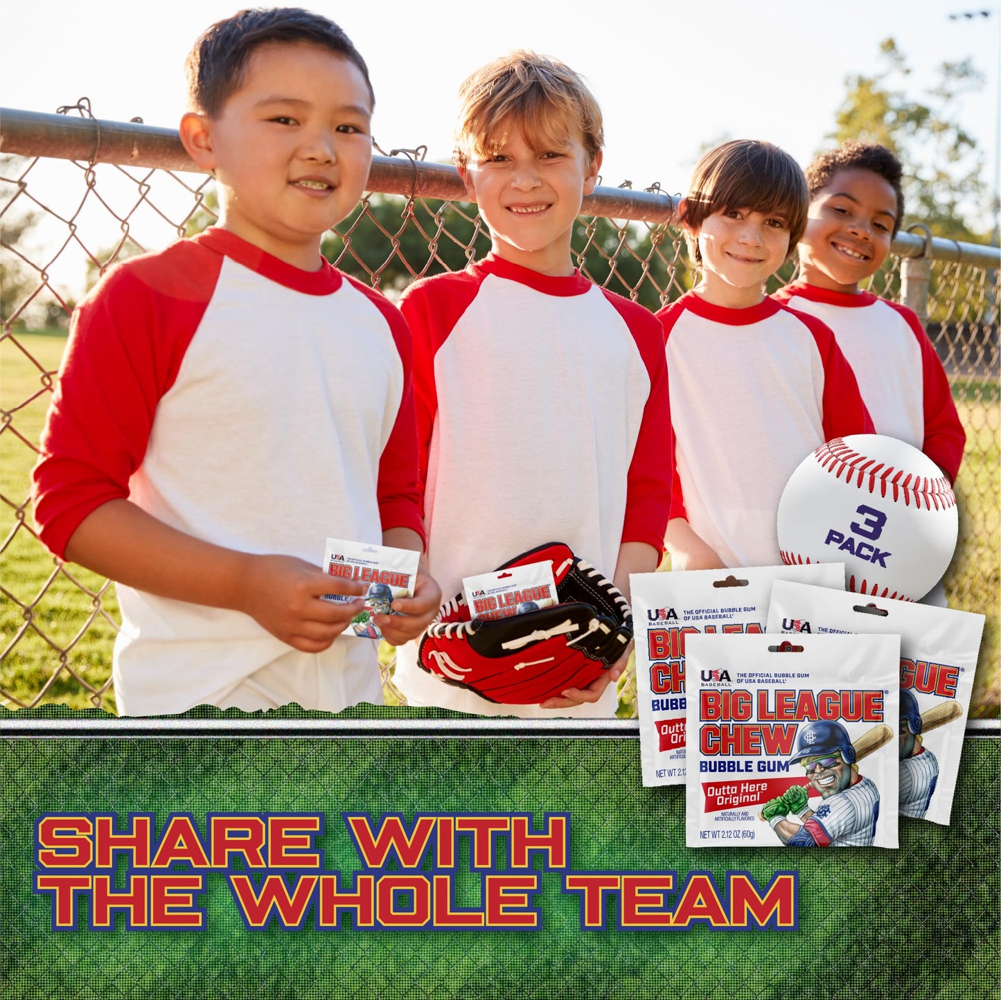 Big League Chew Original Bubble Gum 3-Pack, 2.12oz Packets - White, Baseball Candy for and Party Favors