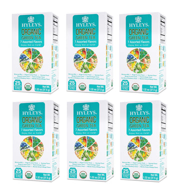 Hyleys Organic Green Tea 7 Assorted Flavors - 25 Tea Bags (6 Pack - 150 Tea Bags Total)