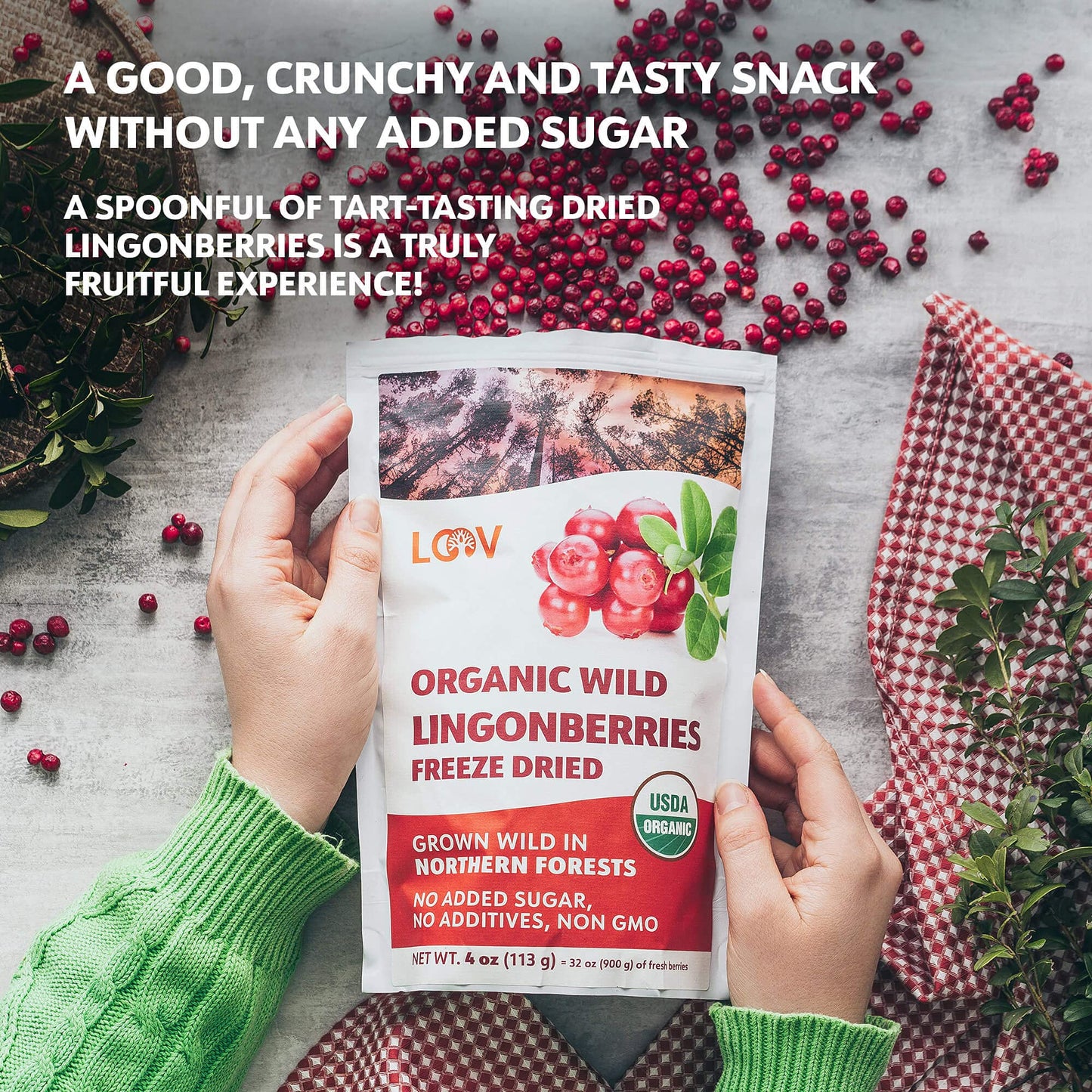 LOOV Freeze Dried Organic Wild Lingonberries, No Sugar Added, 4 Ounces, Non-GMO, 100% Dried Whole Fruit from Northern Europe