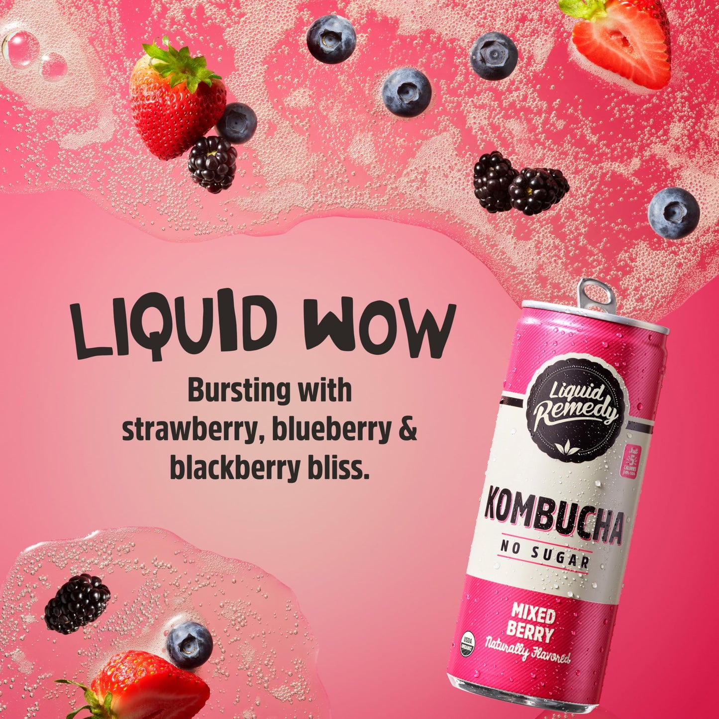 Liquid Remedy Kombucha Sugar Free Organic Drink, Low Calorie, Probiotic Like Tea For Gut Health - Mixed Berry - 8.5 Fl Oz Can, 2