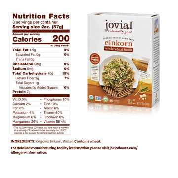 Jovial Einkorn 100% Organic Whole Wheat Fusilli - Einkorn Pasta, High Protein, Non-GMO, USDA Certified Organic, Lower Carb, Deli