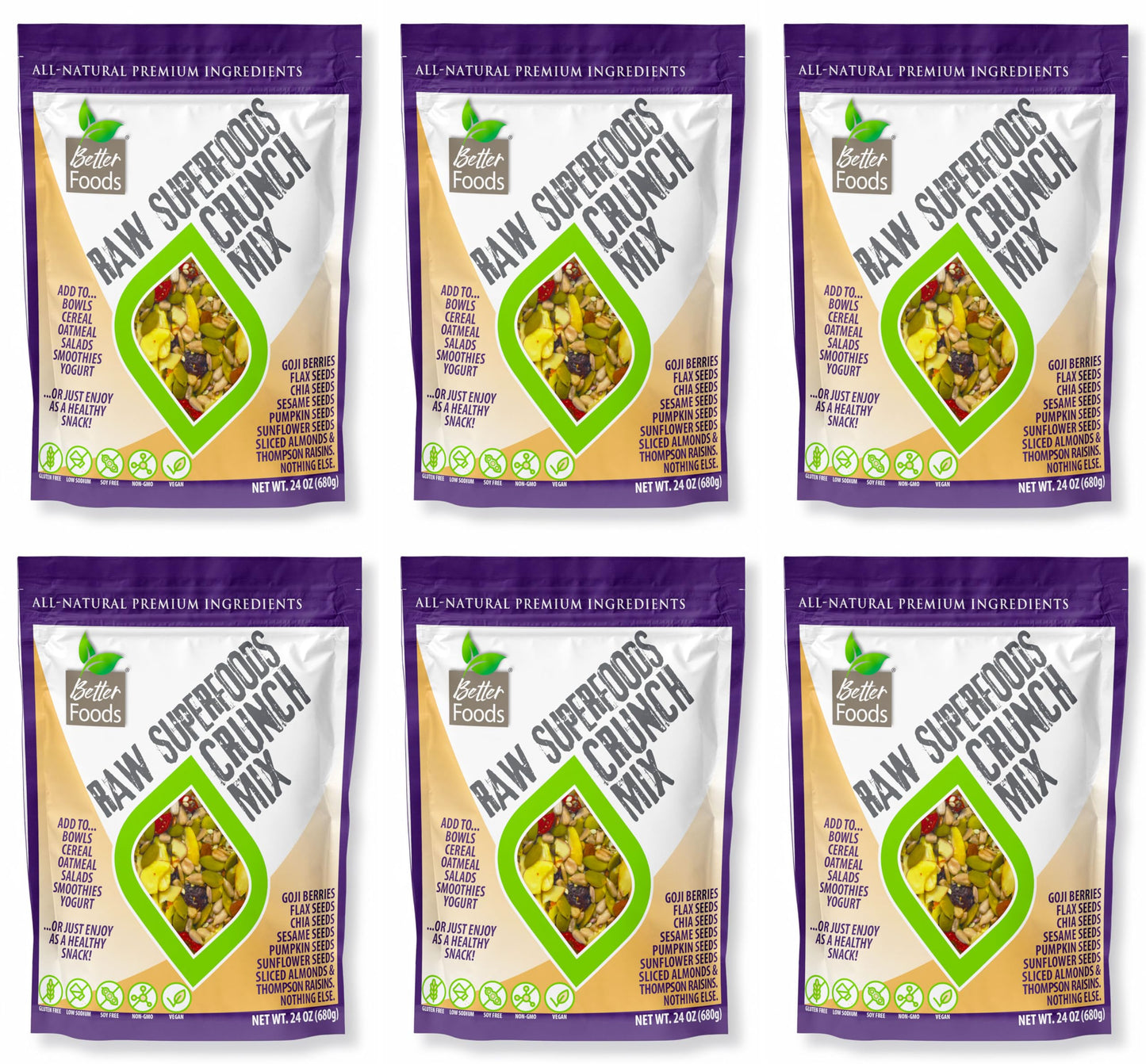 Betterfoods Raw Superfoods Crunch Mix | Premium Pumpkin, Sunflower, Flax, Chia, Sesame Seeds, Almonds, Goji Berries & Raisins Blend | 6G Protein, Vegan, Non-Gmo, No Gluten/Salt/Soy | 24Oz, Pack Of 6