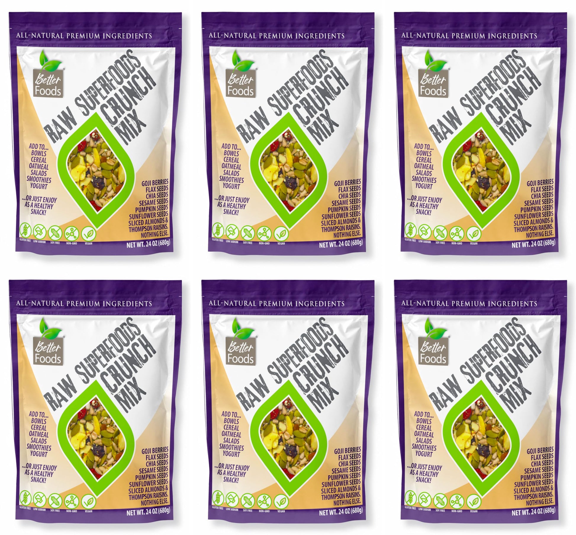Betterfoods Raw Superfoods Crunch Mix | Premium Pumpkin, Sunflower, Flax, Chia, Sesame Seeds, Almonds, Goji Berries & Raisins Blend | 6G Protein, Vegan, Non-Gmo, No Gluten/Salt/Soy | 24Oz, Pack Of 6