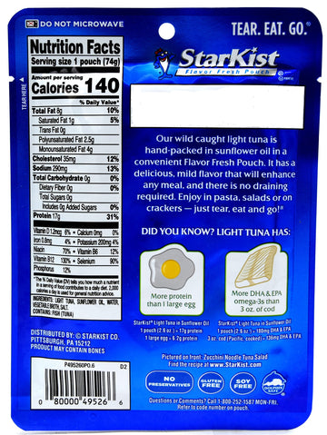StarKist Chunk Light Tuna Pouch, Sunflower Oil, 2.6 Ounce, Pack of 12, White
