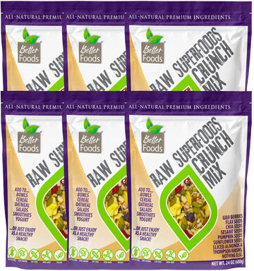 Betterfoods Raw Superfoods Crunch Mix | Premium Pumpkin, Sunflower, Flax, Chia, Sesame Seeds, Almonds, Goji Berries & Raisins Blend | 6G Protein, Vegan, Non-Gmo, No Gluten/Salt/Soy | 24Oz, Pack Of 6
