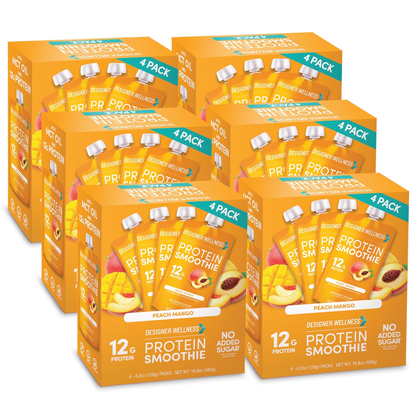 Designer Wellness Protein Smoothie, Peach Mango, 12g Protein, Low Carb, Gluten-Free, 4.2 Fl Oz (Pack of 24)