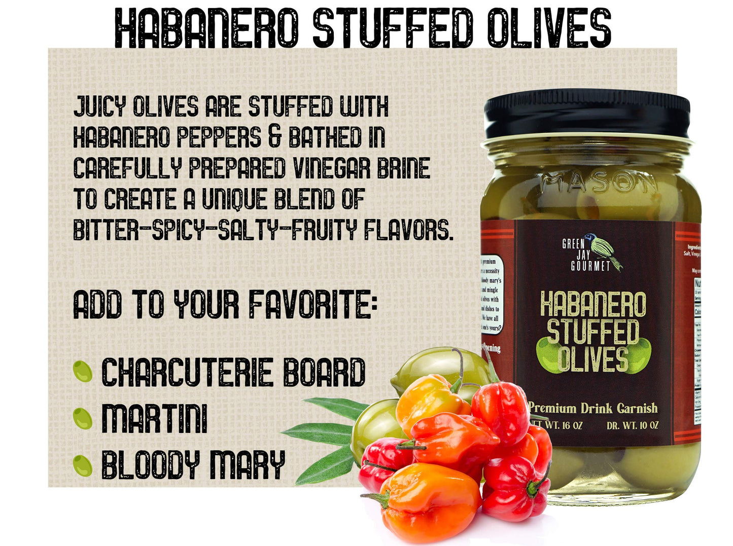 Green Jay Gourmet Habanero Stuffed Olives - 2 x 16 Oz - All Natural - Ideal for Cocktails & Cheese Boards