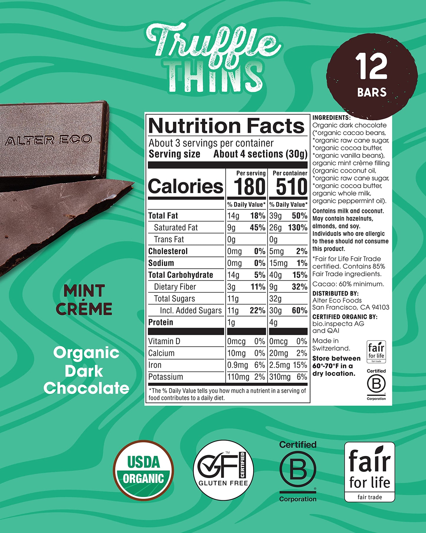 Alter Eco Mint Creme Truffle Thins, Chocolate Bar With Gooey Ganache Truffle Filling, Gluten-Free, Non-Gmo Snacks, No Additives Or Artificial Sweeteners, Fair Trade, Recyclable Packaging (12-Pack Mint Creme)