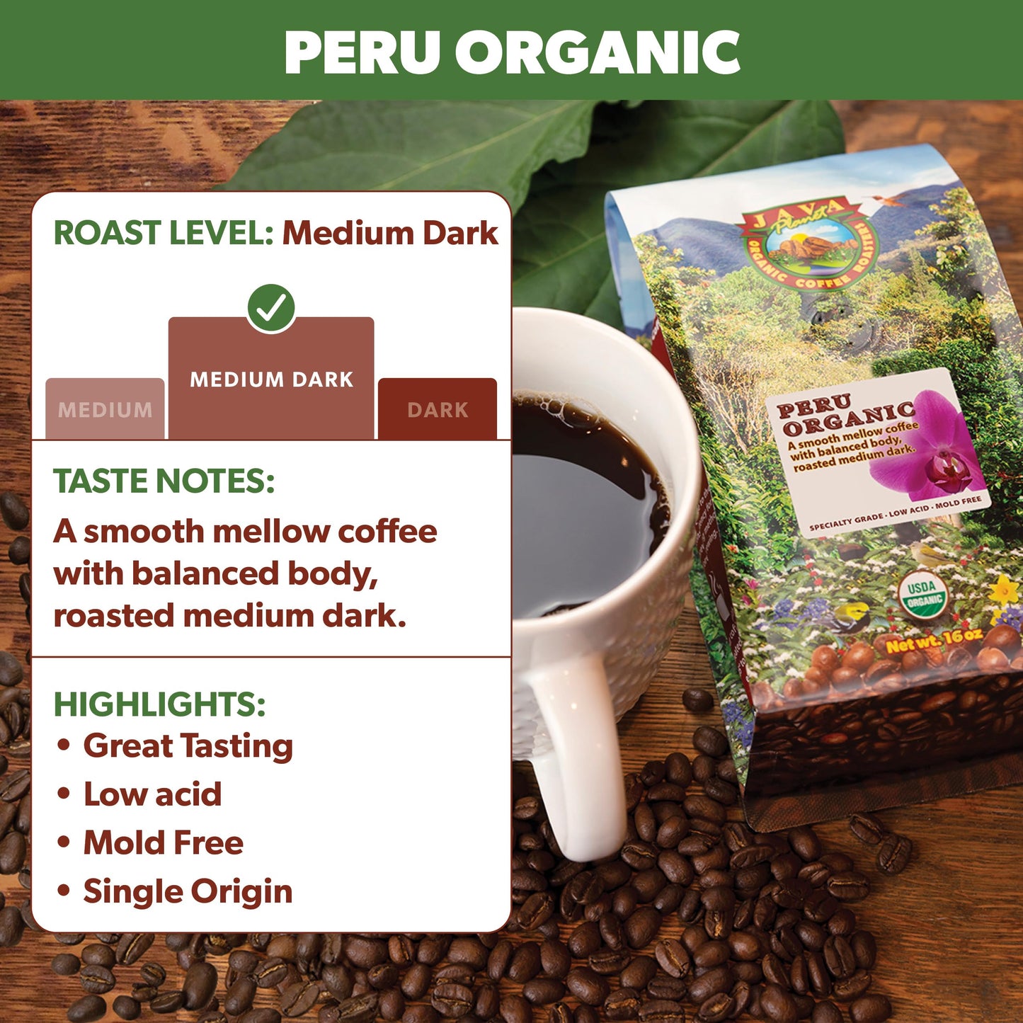Java Planet Organic, Peru Single Origin Medium Dark Roast, Smooth Full Flavored Organic Coffee Beans, Low Acid, Whole Bean Coffe