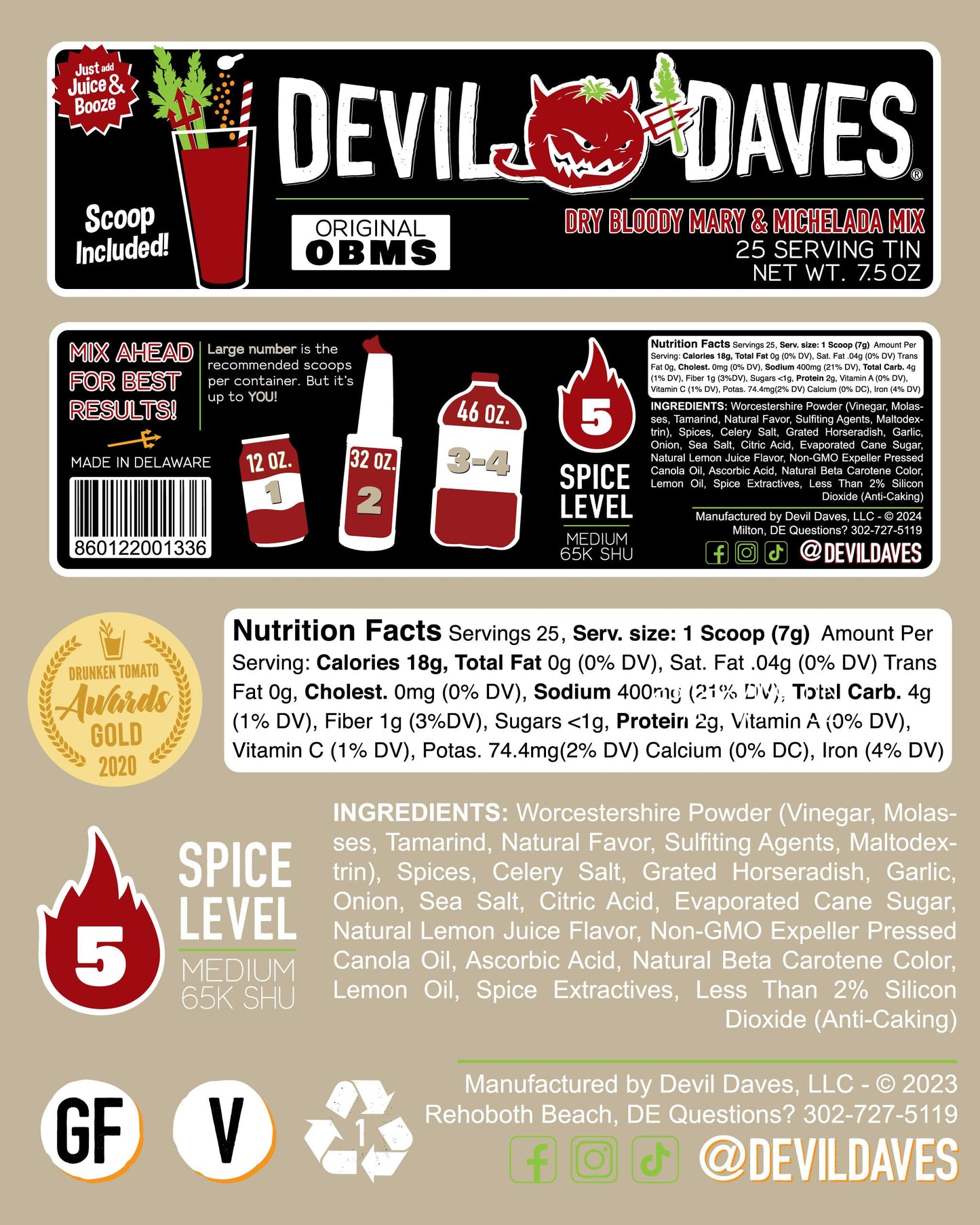 Devil Daves Dry Bloody Mary Seasoning, Medium, 7.5 Oz Tub, Scoop Included