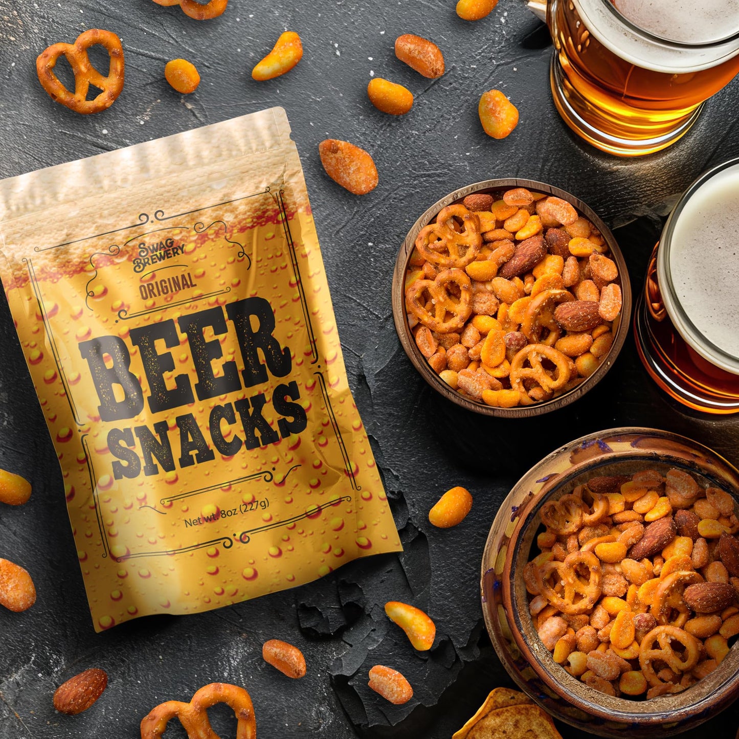 Swag Brewery malt-inspired Snacks Nuts Bar Mix - 8 Ounce - Smoked Almonds, Pretzels, Honey Roasted Peanuts, Spicy Peanuts, Toffee Peanuts
