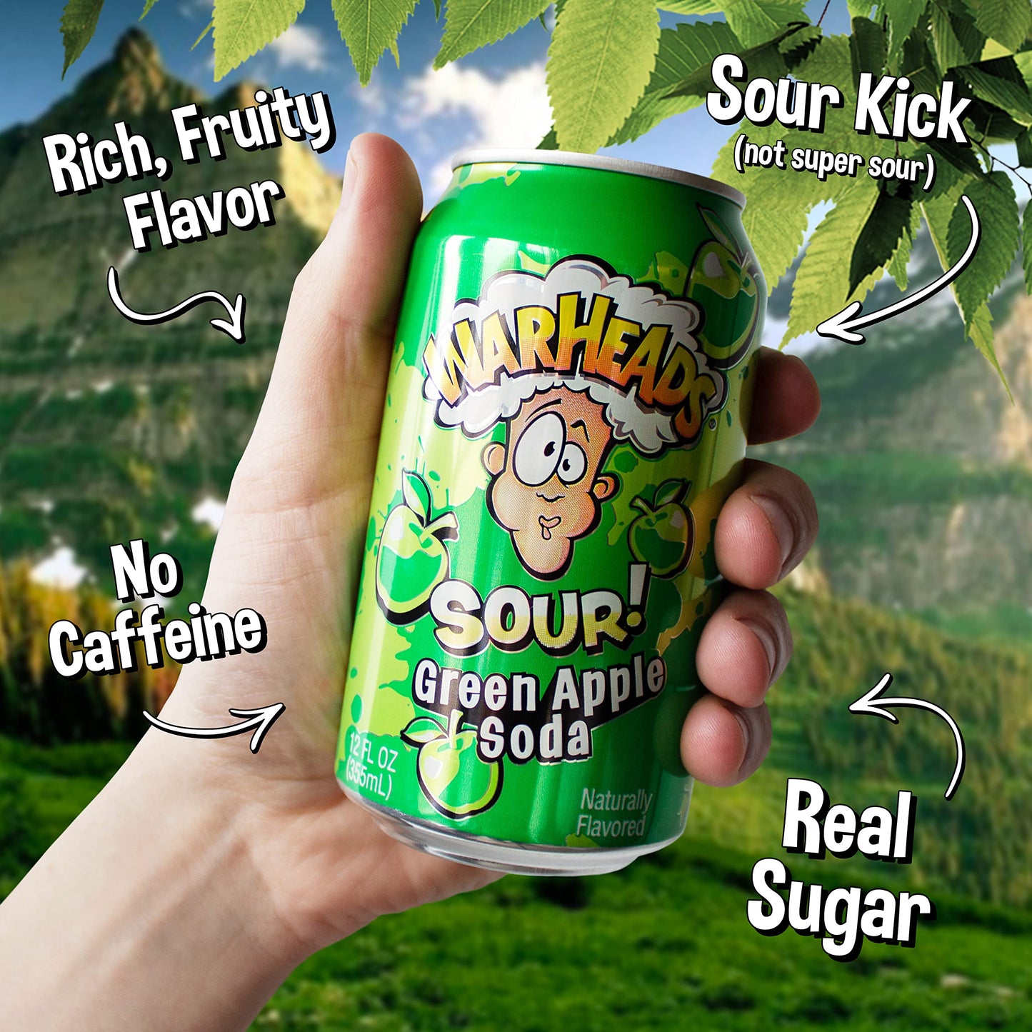 Warheads Soda - Sour Fruity Soda with Classic Flavors - Pack of 12, 12oz Cans - Green Apple Flavor