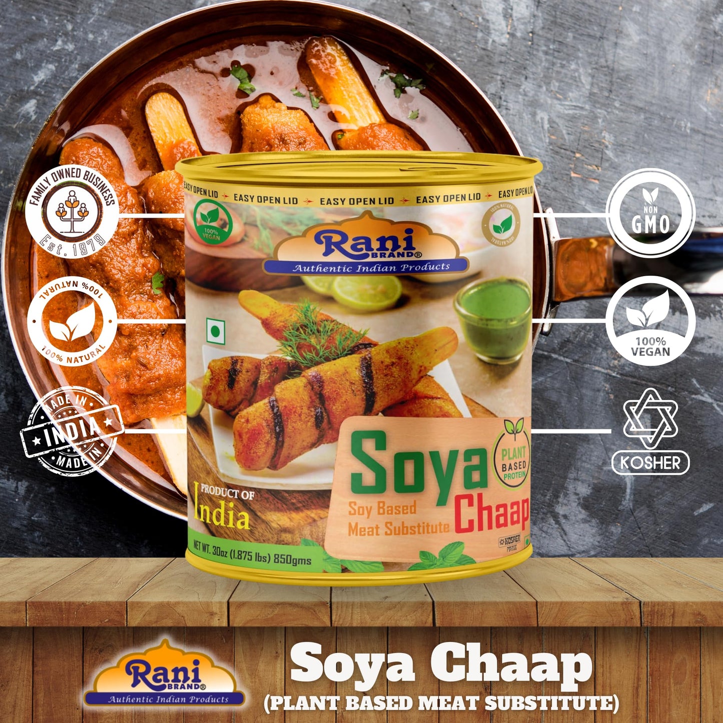 Rani Soya Chaap (Plant Based Protein) 30Oz (1.875Lbs) 850G, Pack Of 6 ~ Easy Open Lid | All Natural | Vegan | No Colors | Non-Gm