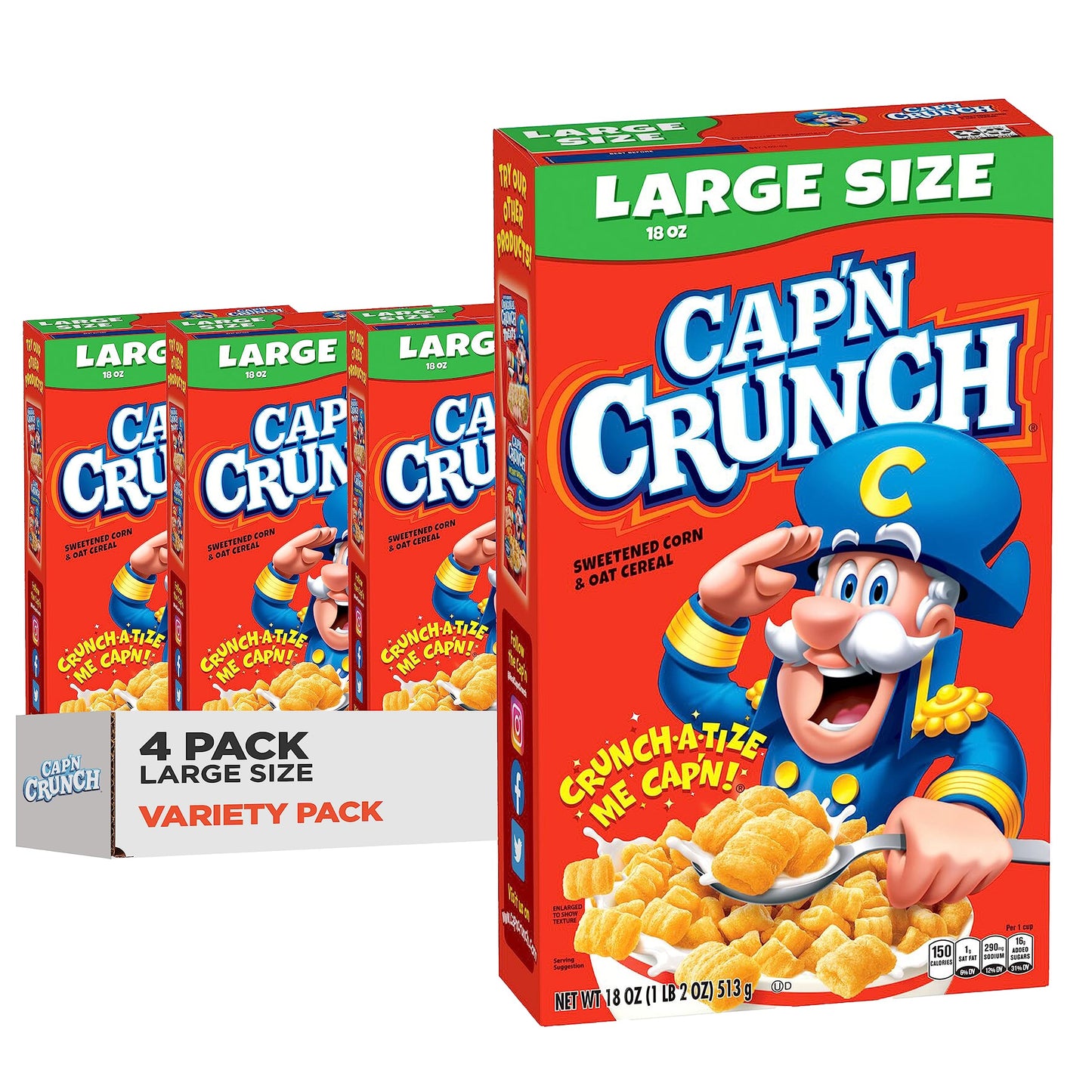 Capn Crunch Cereal, Original, Boxes, 18 Oz, Pack Of 4