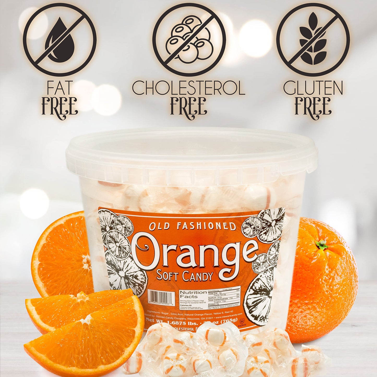 Stewart Old Fashioned Orange Candy Puffs - 27 oz Tub, Fat-Free, Gluten-Free, Pure Cane Sugar, Classic Soft/Hard Texture, Made in USA