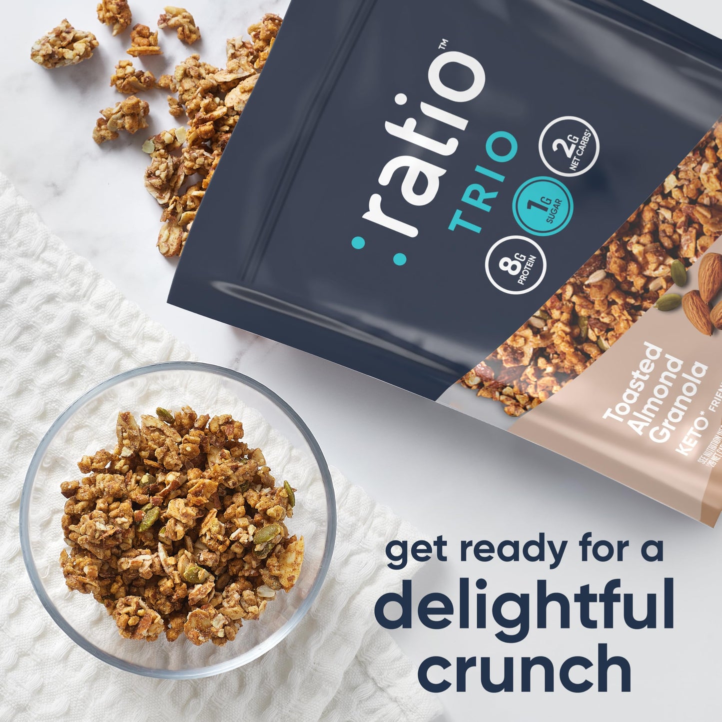 Ratio Trio Toasted Almond Granola Cereal, Keto Friendly, 1g Sugar, 8 oz Resealable Bag