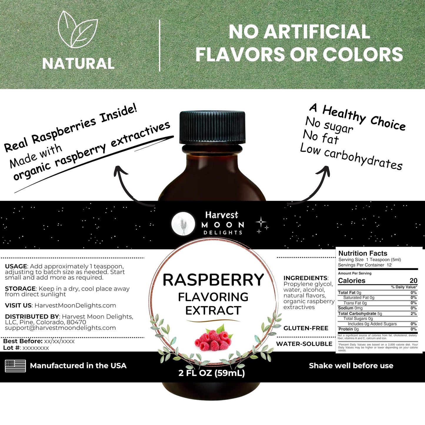 Natural Raspberry Extract - 2 Oz - Water-Soluble - By Harvest Moon Delights - Raspberry Extract For Baking, Ice Cream, Drinks, A