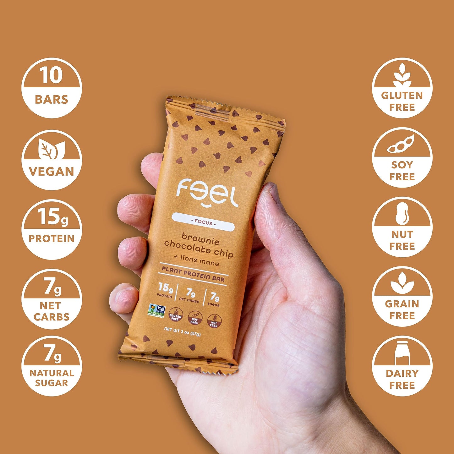 Feel Vegan Protein Bars | Brownie Chocolate Chip | Keto | Gluten Free | Organic | Lions Mane | 15g Plant Protein | Low Carb | Hi