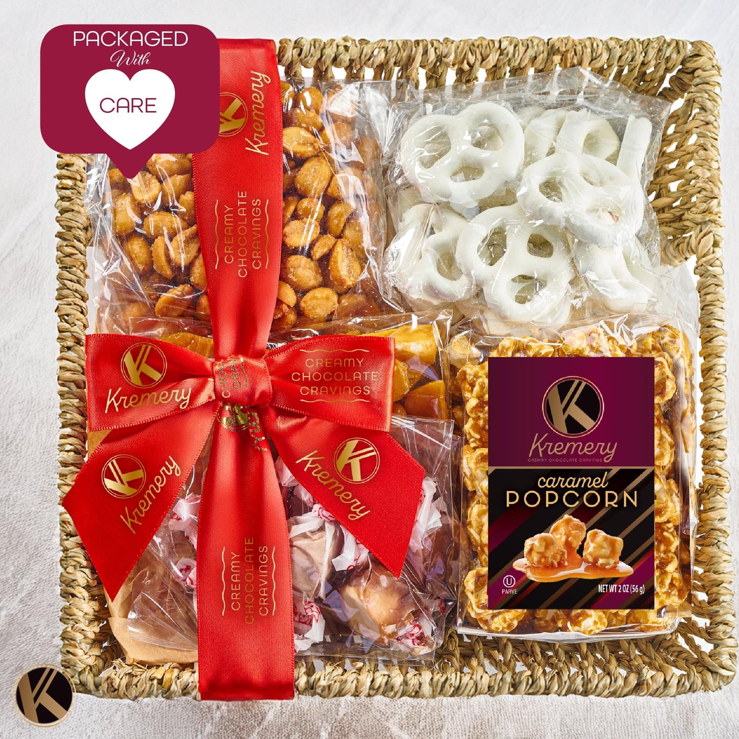 Kremery Creamy Chocolate Cravings - Fathers Day, Chocolate Covered Pretzels & Caramel Popcorn Gift Basket, In Seagrass Tray + Ri