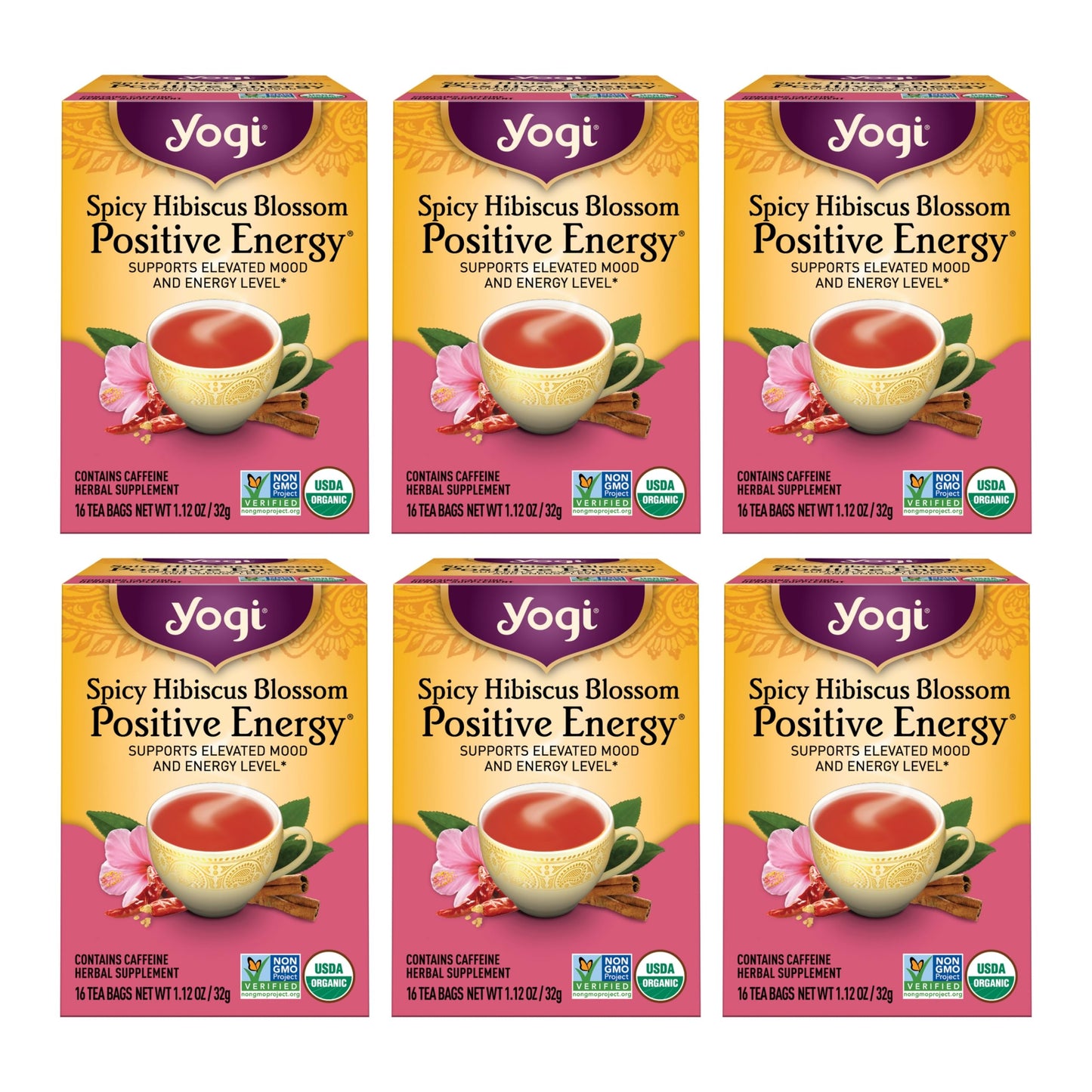 Yogi Tea Spicy Hibiscus Blossom Positive Energy Tea - 16 Tea Bags per Pack (6 Packs) - Organic Herbal Tea to Support Energy - In