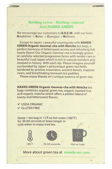 Maeda-En Naked Green Organic Genmai-Cha With Matcha 12 Tea Bags Hot Or Cold Drink Green Tea Japanese Origin Individually Wrapped