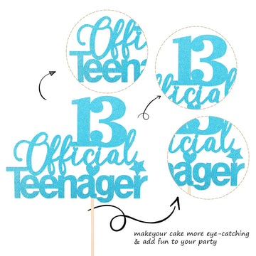 1 Pcs 13 Official Teenager Cake Topper Glitter 13Th Birthday Cake Pick Decorations For Teen 13Th Birthday Party Supplies Blue
