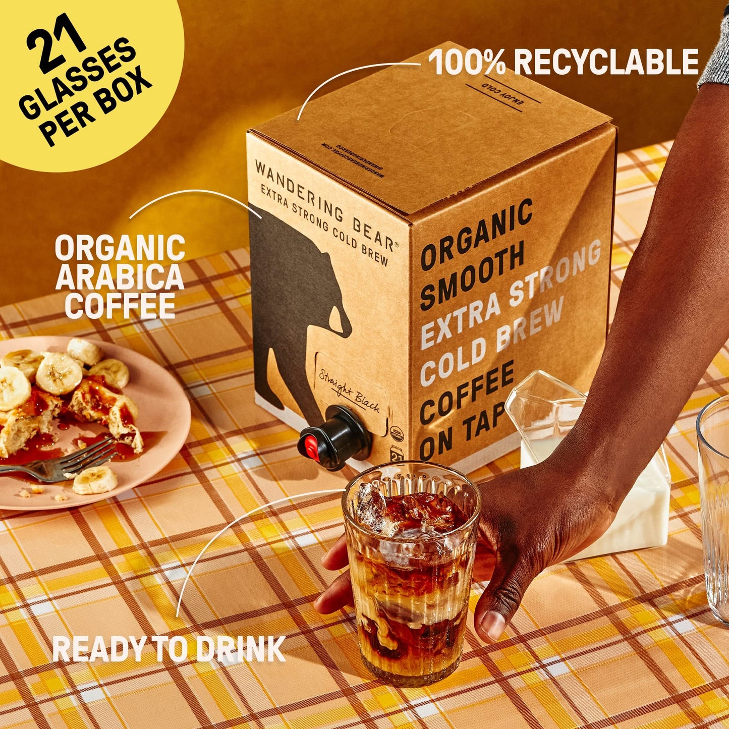 Wandering Bear Straight Black Organic Cold Brew Coffee On Tap, Iced Coffee, 128 Fl Oz (1 Gallon) - Extra Strong, Smooth, Unsweet