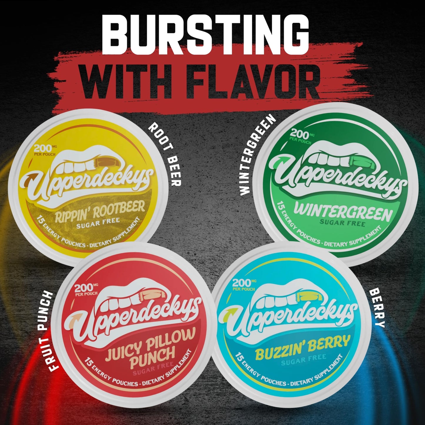 Upperdeckys Cool Wintergreen Caffeine Energy Pouches - Free Replacement or Alternative for Focus and Energy - Sugar Free Nootropic Pouches Made in the USA & Delicious Flavor (4-Pack 200mg)