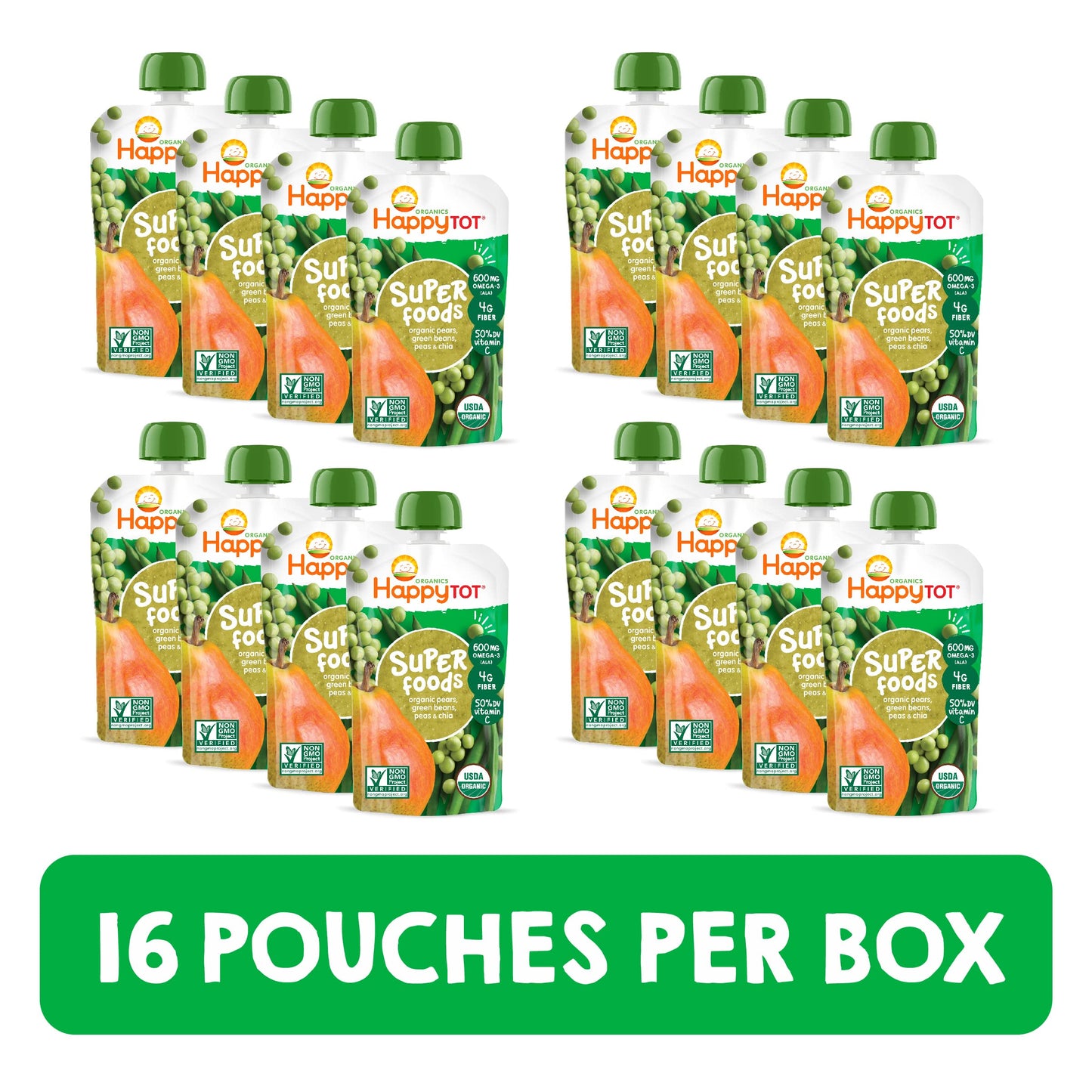 Happy Tot Organics Super Foods Stage 4, Pears, Peas & Green Beans + Super Chia, 4.22 Ounce Pouch (Pack Of 16) Packaging May Vary