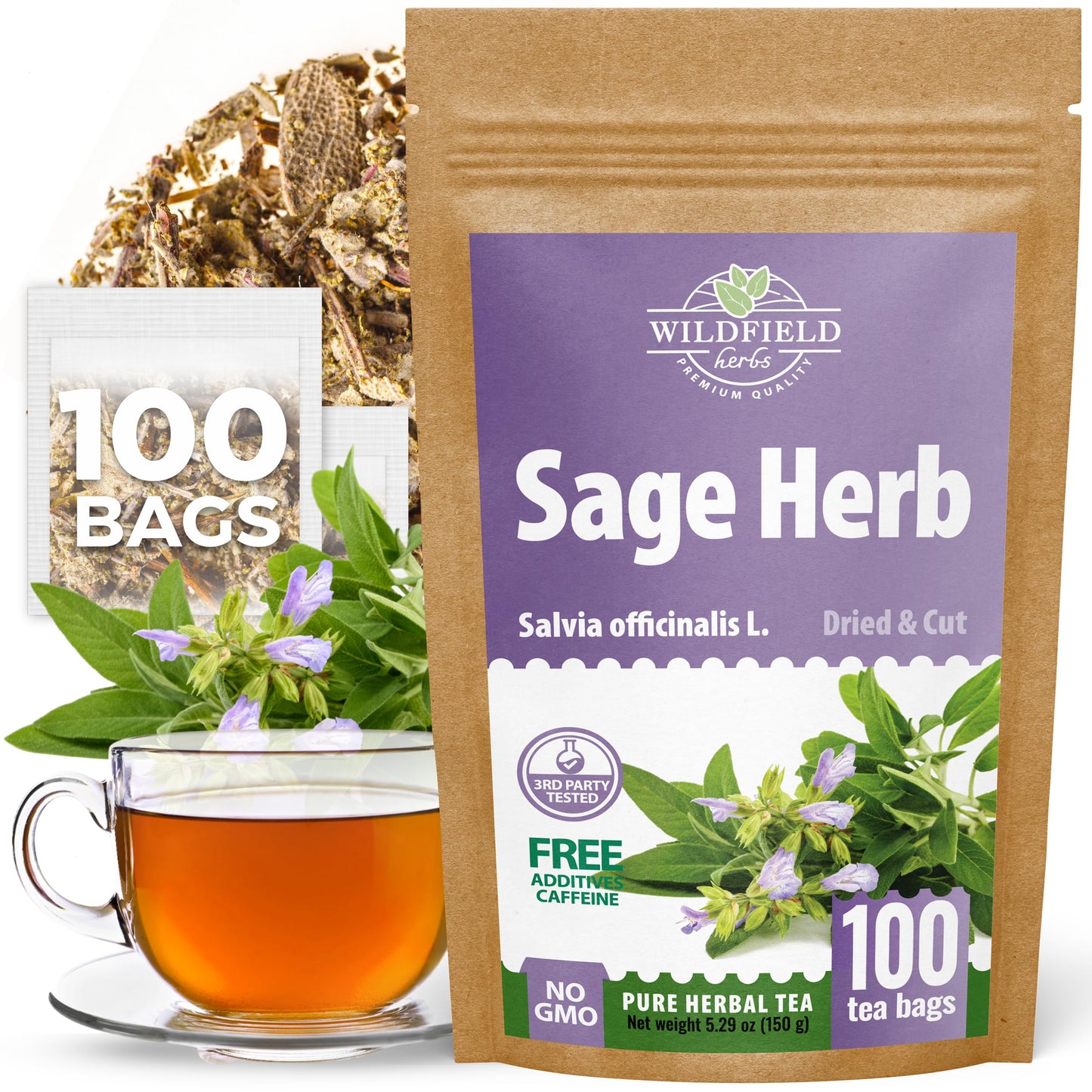 100 Bags Dried Sage Herb Herbs Tea (Salvia Officinalis) - 100 Count Tea Bags Sage Herbal Tea
